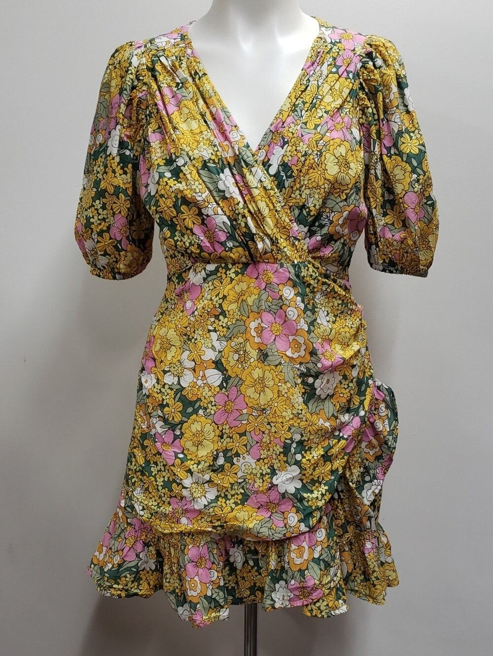 Rahi Puff Shoulder Floral Print Petra Mini Dress Women Medium V Neck Faux Wrap